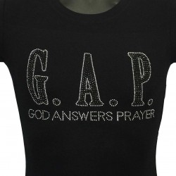 God Answers Prayer -  Black and Silver Rhinestone Ladies T-Shirt